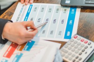 Financial documents with charts and calculator representing a SCHUFA credit score report